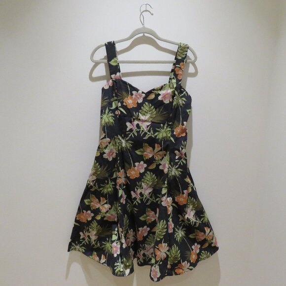 DR FAUST Marrama Palm Tree Exotic Flowers Black Retro Midi Swing Dress Rock Vtg - Picture 2 of 13